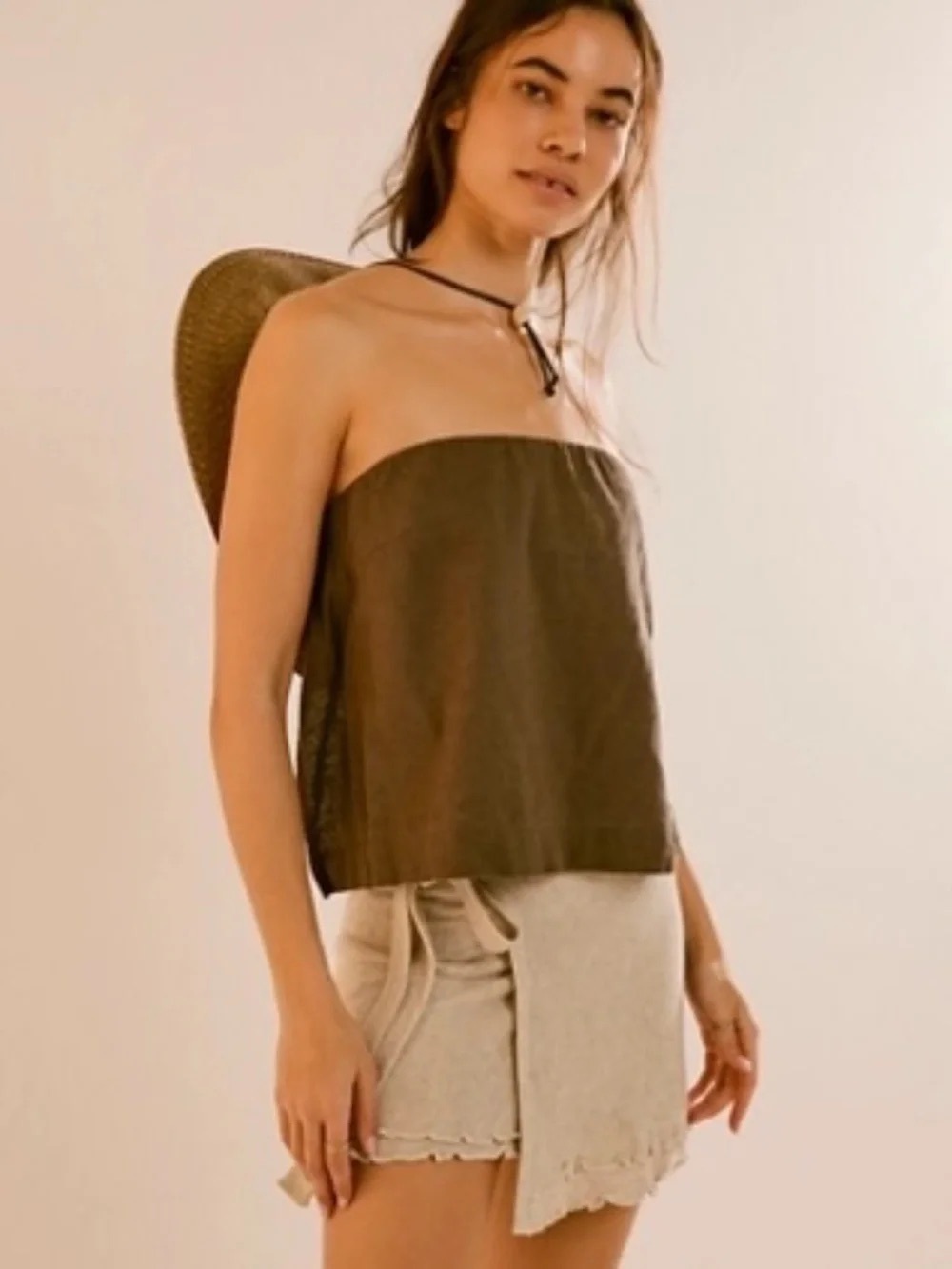 NWT Free‎ People Large Beige Beach Rhodes Linen Blend Wrap Ruffle Sweater Skirt